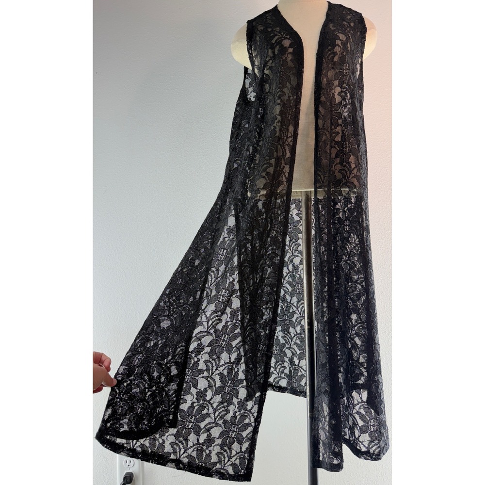 Black Floral Sheer Lace Longline Cardigan Sleeveless Fairy Grunge Whimsigoth Med